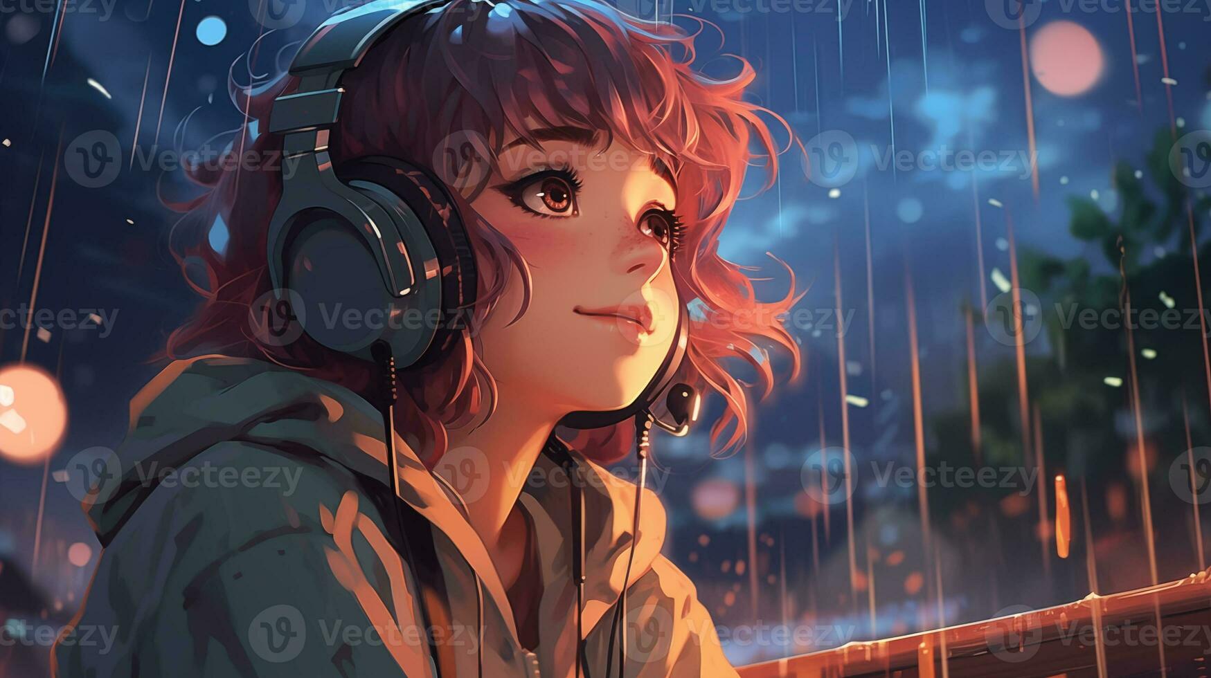 cartone animato lofi giovane manga stile ragazza mentre ascoltando per musica nel il pioggia ai generativo foto