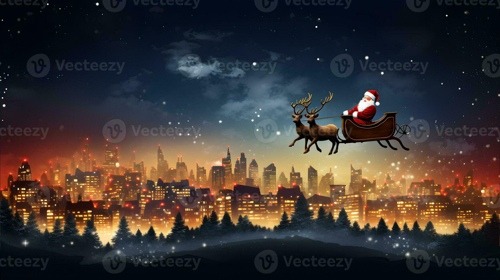 Santa Claus seduta su renna slitta. volante al di sopra di un' città orizzonte a notte con stelle nel il sfondo foto