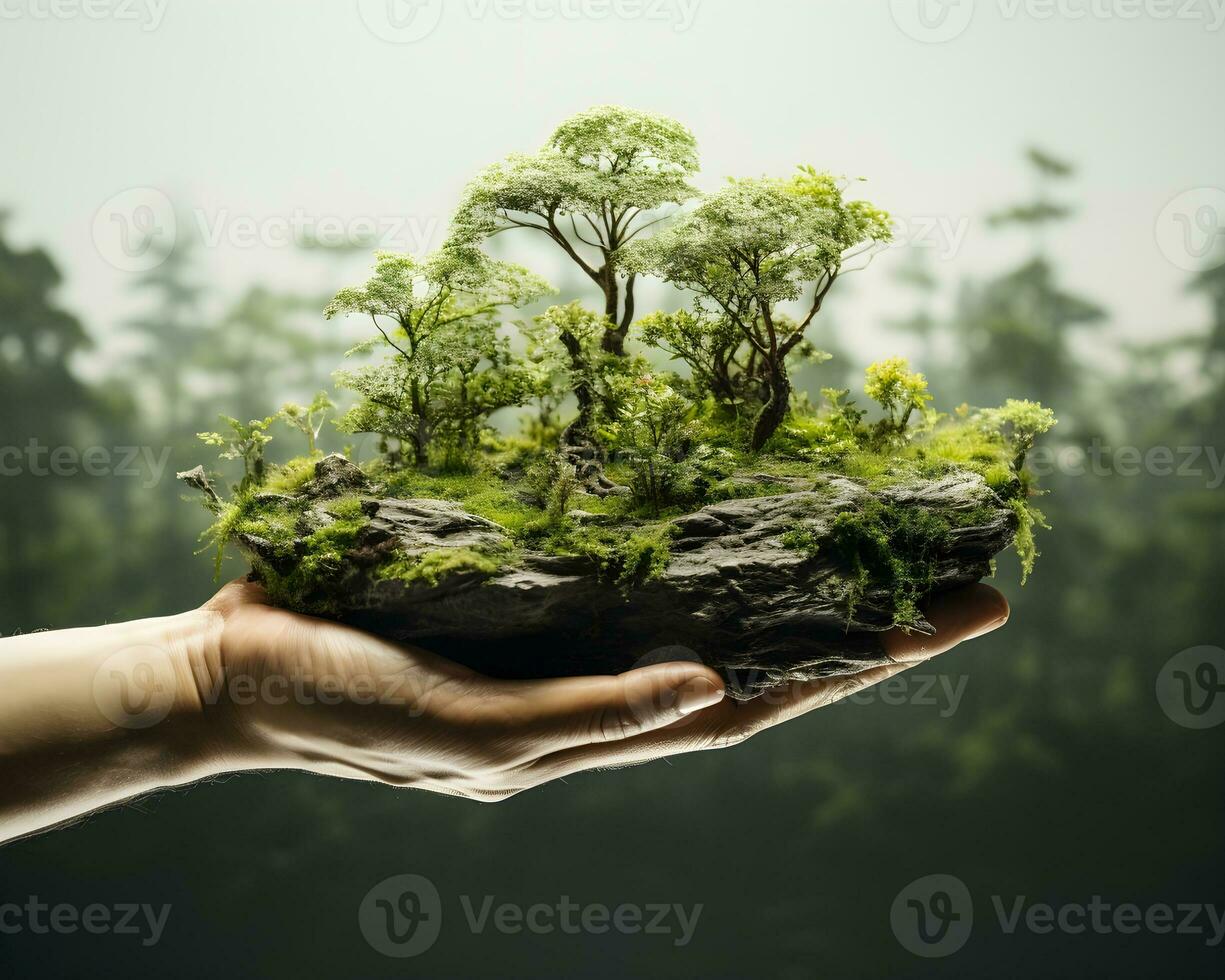 mano Tenere verde albero nel modulo di ambiente eco concetto generativo ai. foto