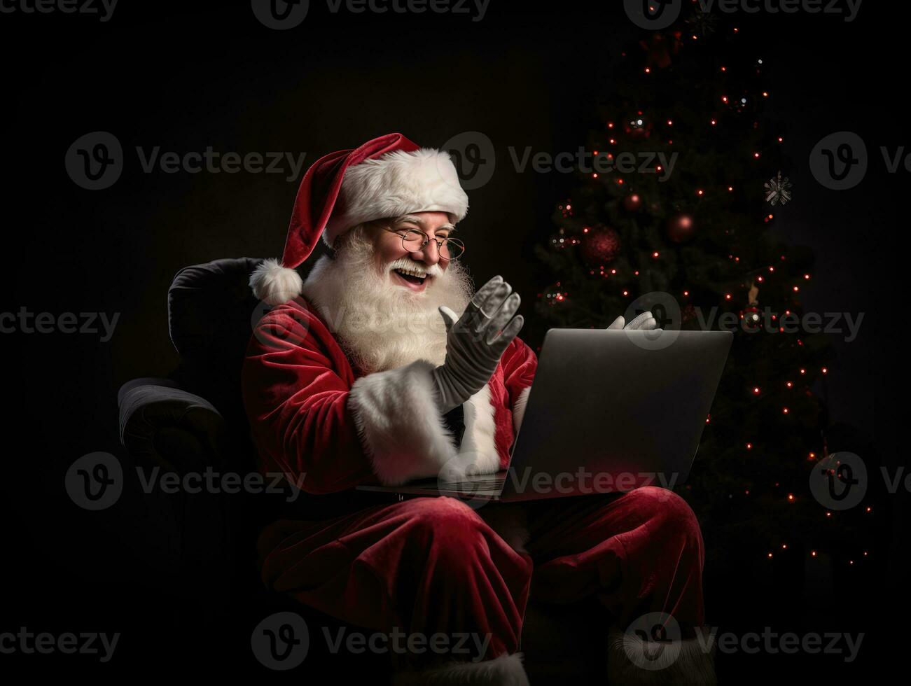 ai generato ai generazione. Santa Claus utilizzando un' il computer portatile computer. seduta nel un' sedia su il vigilia di foto