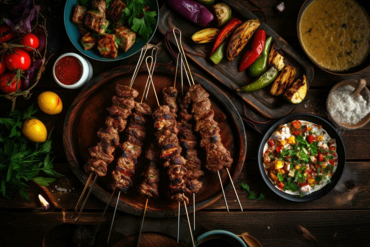 grigliato kebab su spiedini con verdure su di legno sfondo, mezzo orientale, Arabo o mediterraneo cena tavolo con grigliato agnello kebab, pollo spiedini con arrostito, ai generato foto