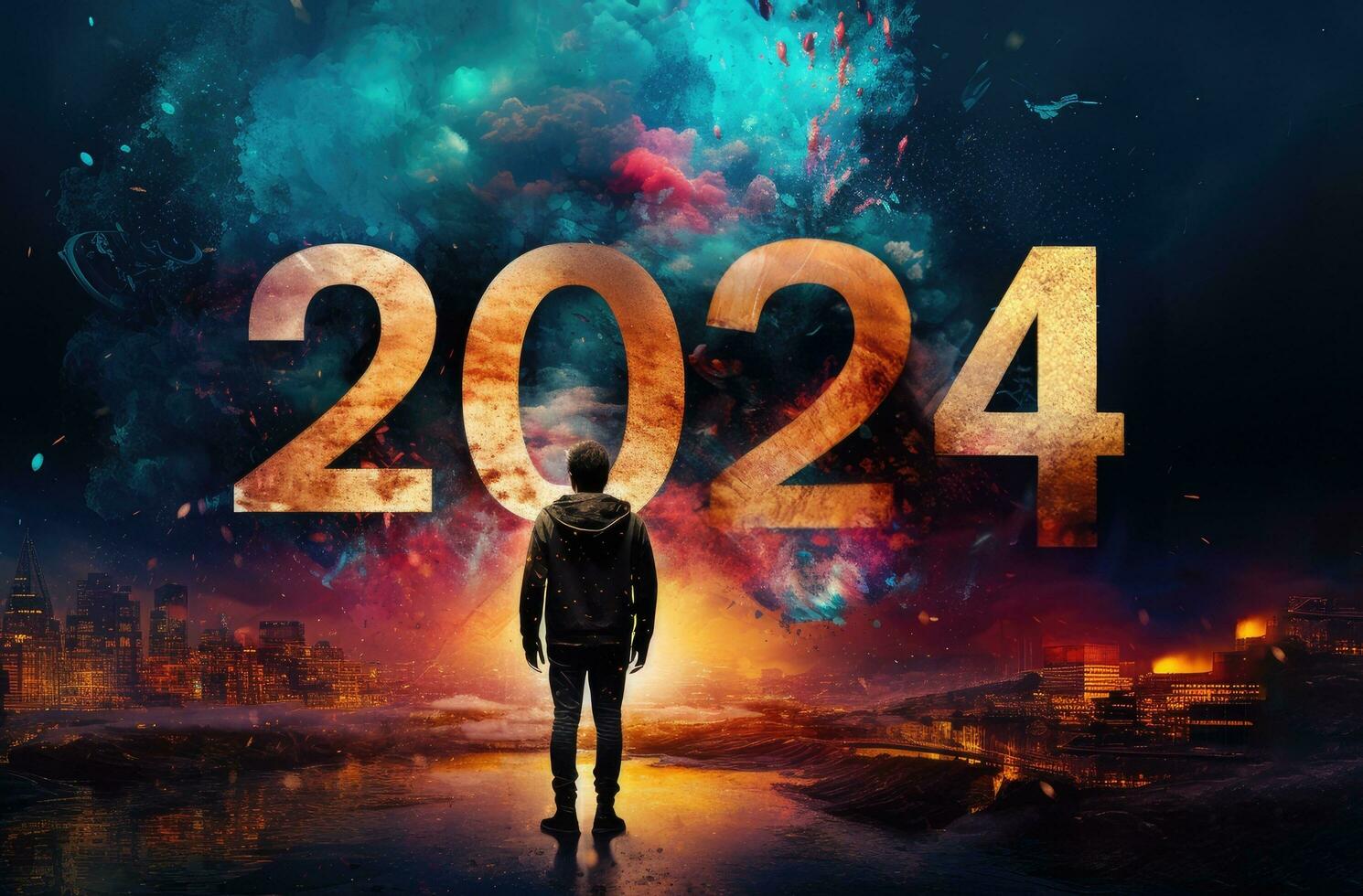 uomo guardare a il numero 2024 su il sfondo di un' colorato esplosione, contento nuovo anno 2024 scritto con scintillare fuoco d'artificio su nero sfondo, ai generato foto