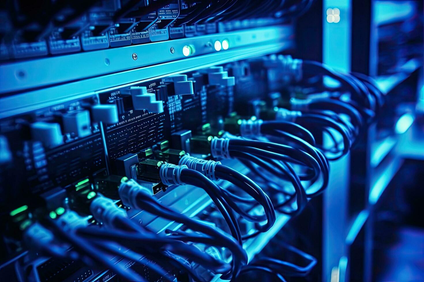 vicino su di fibra ottico cavi collegato per server nel un' dati centro, Rete cavi collegato in interruttori. ethernet router nel dati centro. digitale informazione trasmissione attrezzatura, ai generato foto