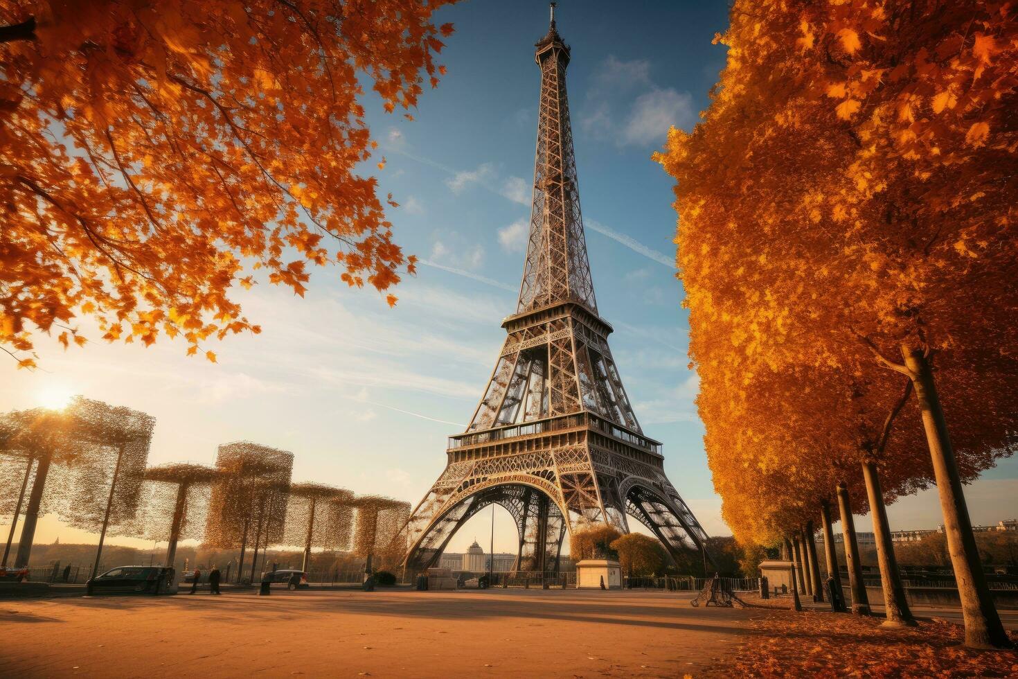 il eiffel Torre nel Parigi, Francia. bellissimo autunno paesaggio, eiffel Torre con autunno le foglie nel Parigi, Francia, ai generato foto