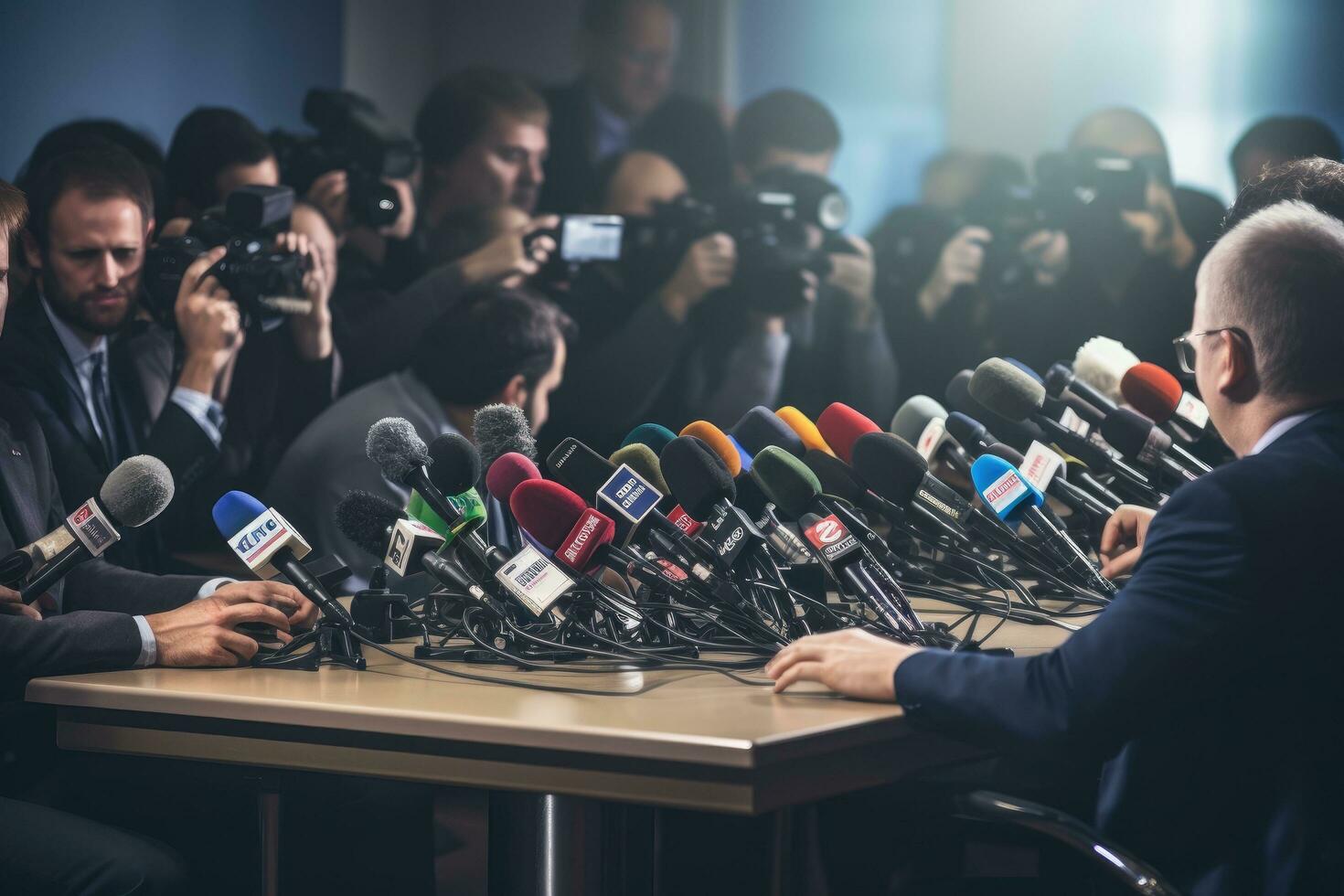 posteriore Visualizza di giornalisti intervistando un' uomo nel il notizia studio, media colloquio nel un' conferenza camera, microfoni, stampa conferenza, stampa conferenza, ai generato foto