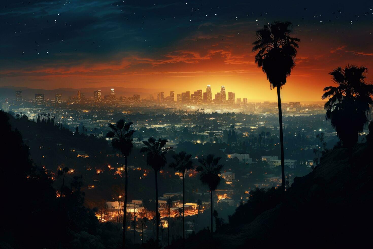 paesaggio urbano di los angeles a notte, California, unito stati, los angeles a notte, ai generato foto