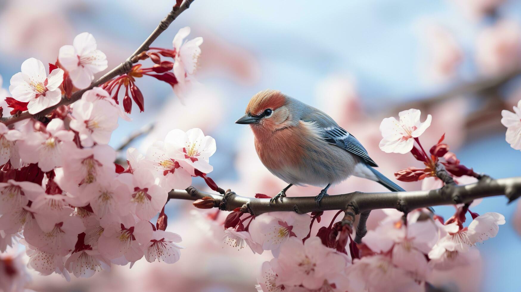 uccelli seduta nel un' albero pieno con ciliegia fiorire fiori. generativo ai foto