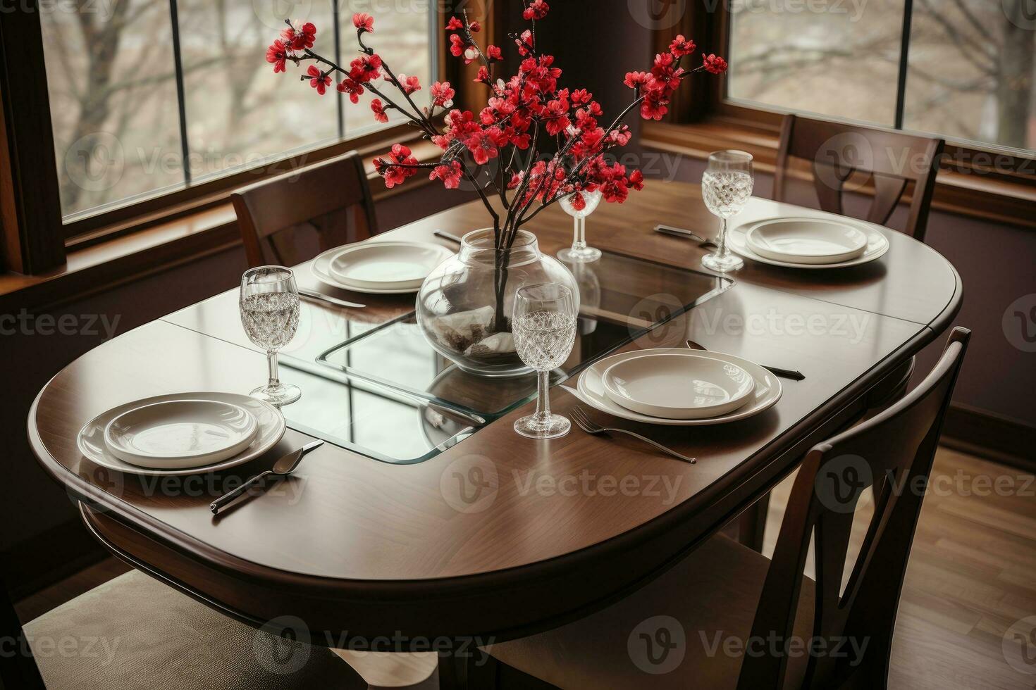 superiore Visualizza fotografie di tavolo impostato nel cenare camera ai generato