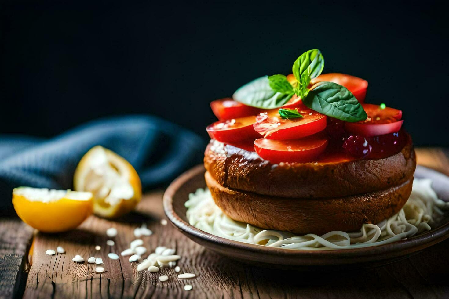 un' piatto con pomodoro e basilico su superiore di un' pane. ai-generato foto