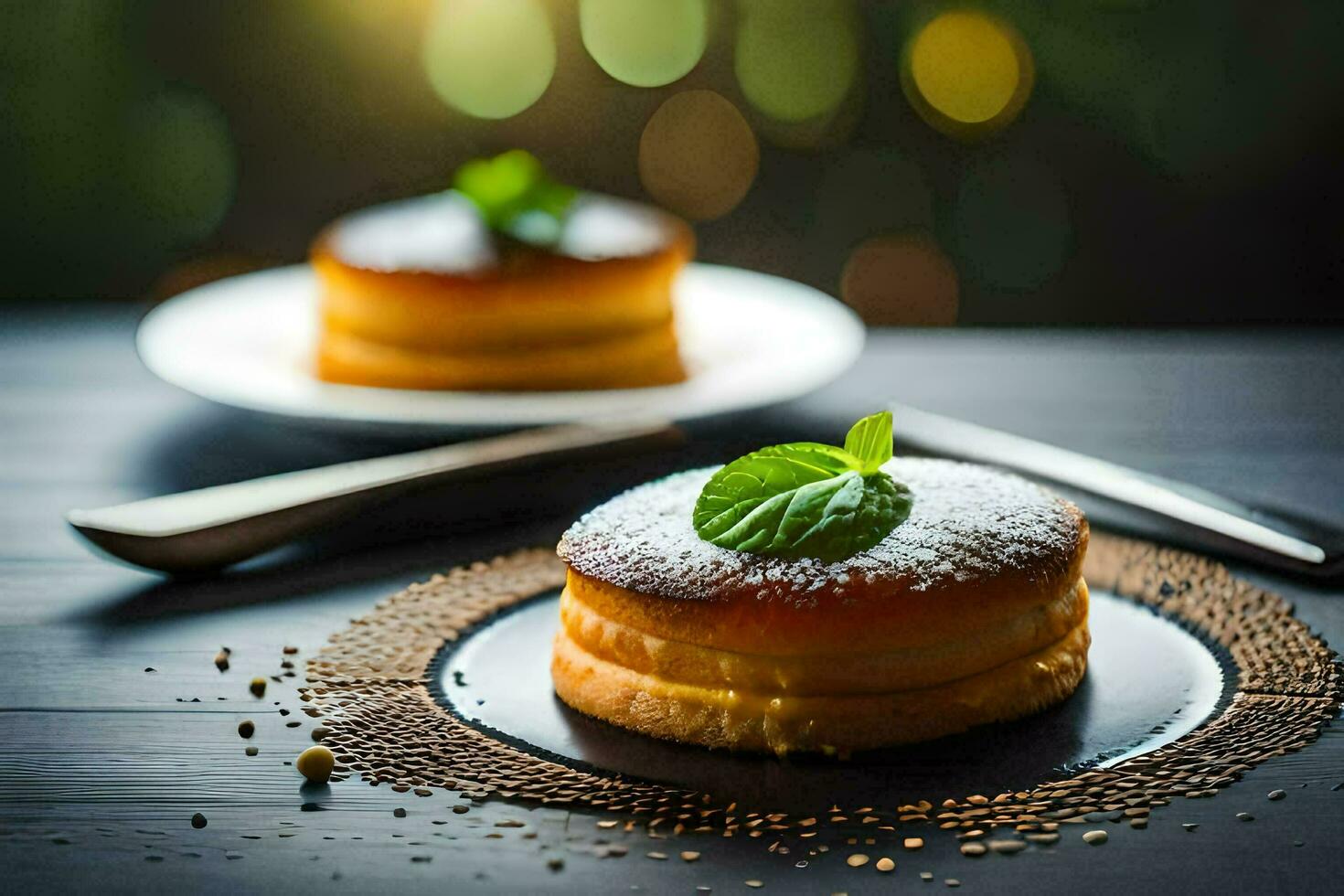 Due torte su un' piatto con un' forchetta. ai-generato foto