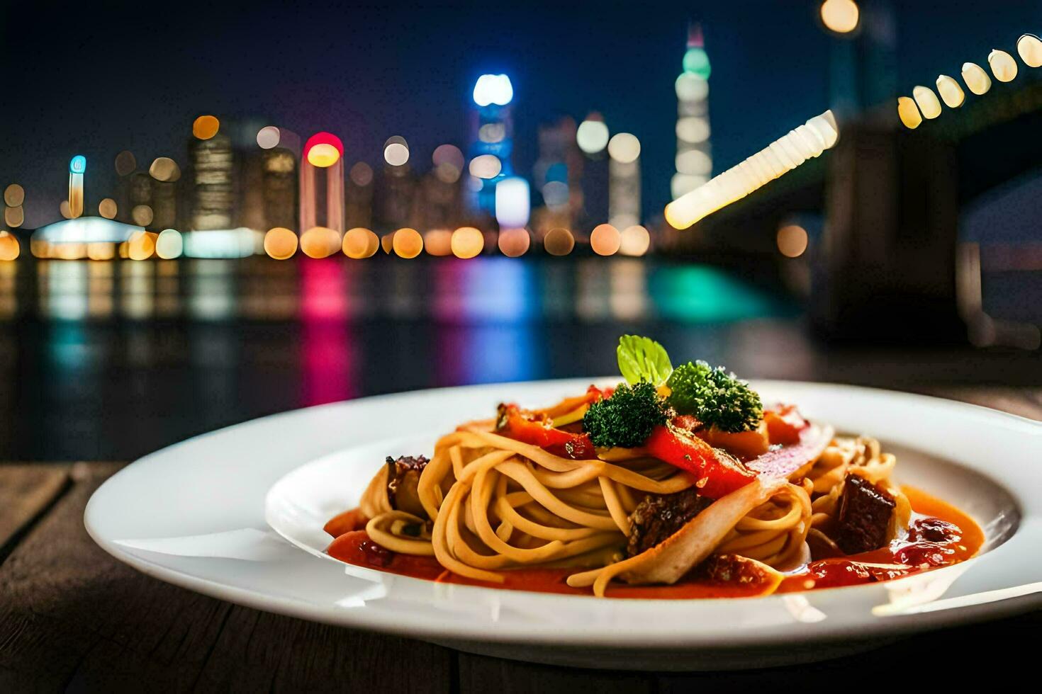 spaghetti con carne e verdure su un' piatto con un' città Visualizza. ai-generato foto