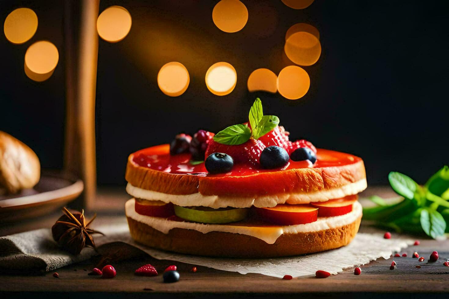 un' torta con frutti di bosco e crema su un' di legno tavolo. ai-generato foto