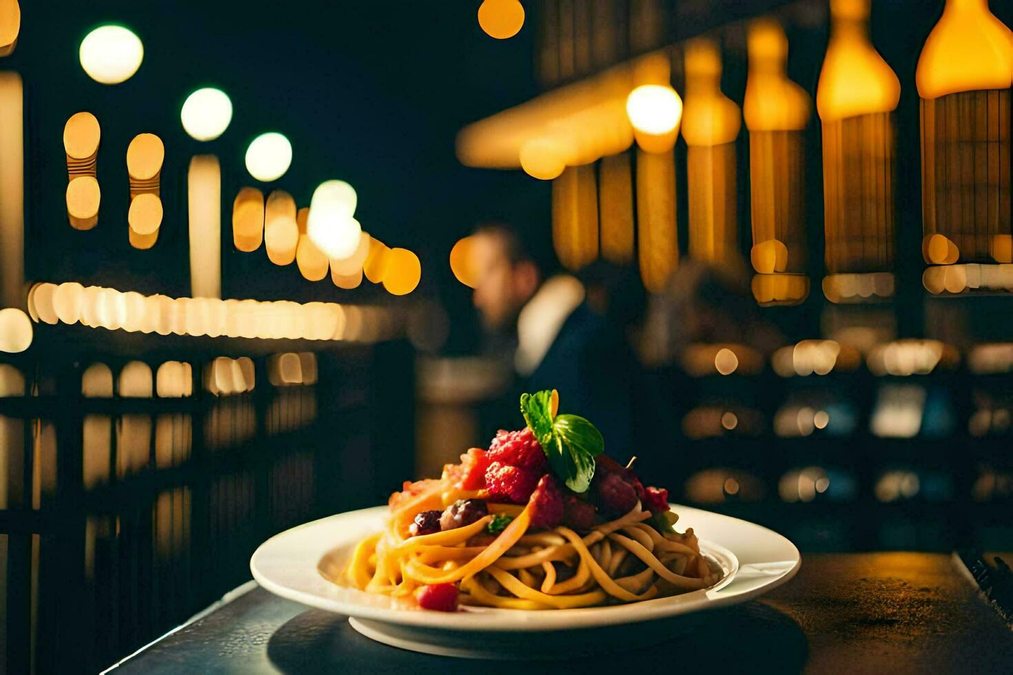 un' piatto di spaghetti con pomodoro e basilico su un' di legno tavolo. ai-generato foto