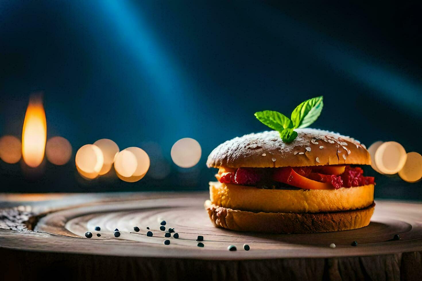 un' Hamburger con frutti di bosco e menta su un' di legno tavolo. ai-generato foto