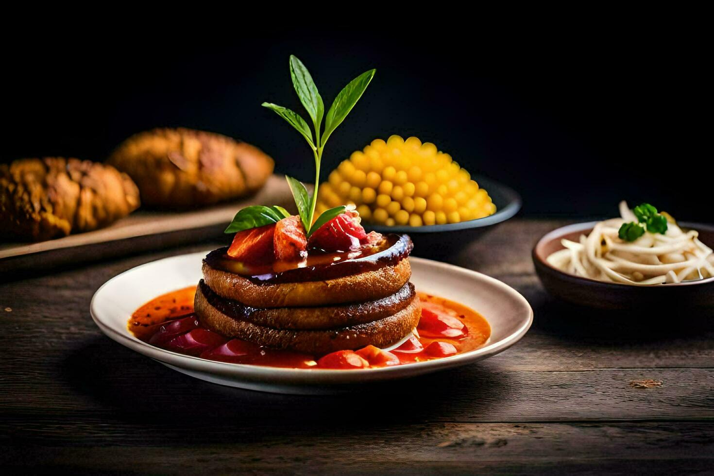 un' piatto di cibo con un' torta su esso. ai-generato foto