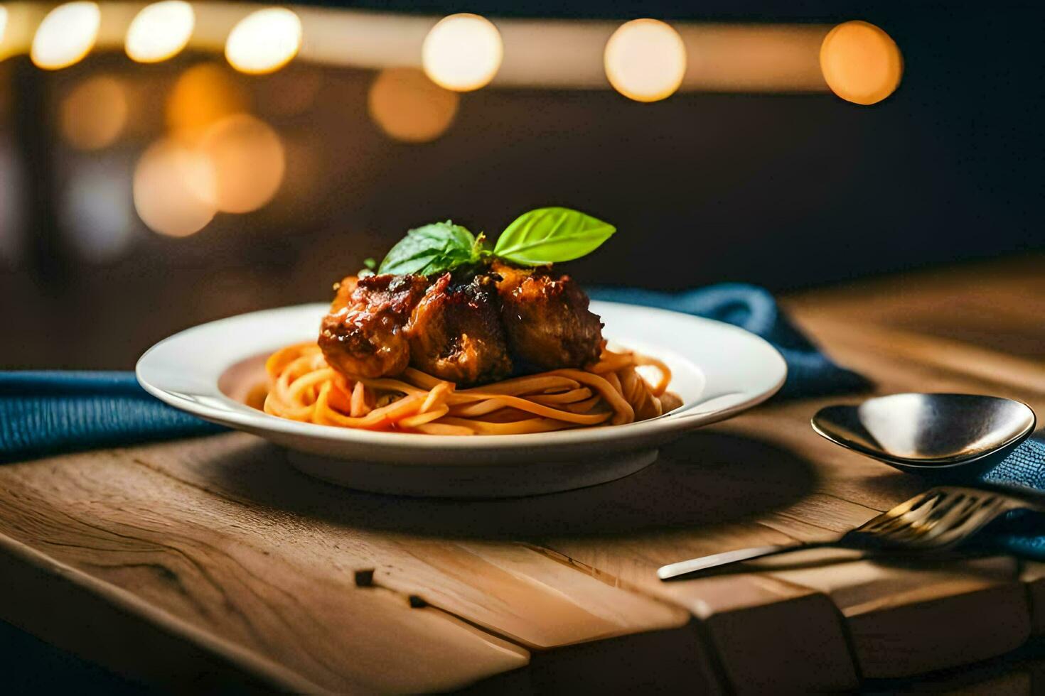 spaghetti con Polpette e pomodoro salsa su un' di legno tavolo. ai-generato foto