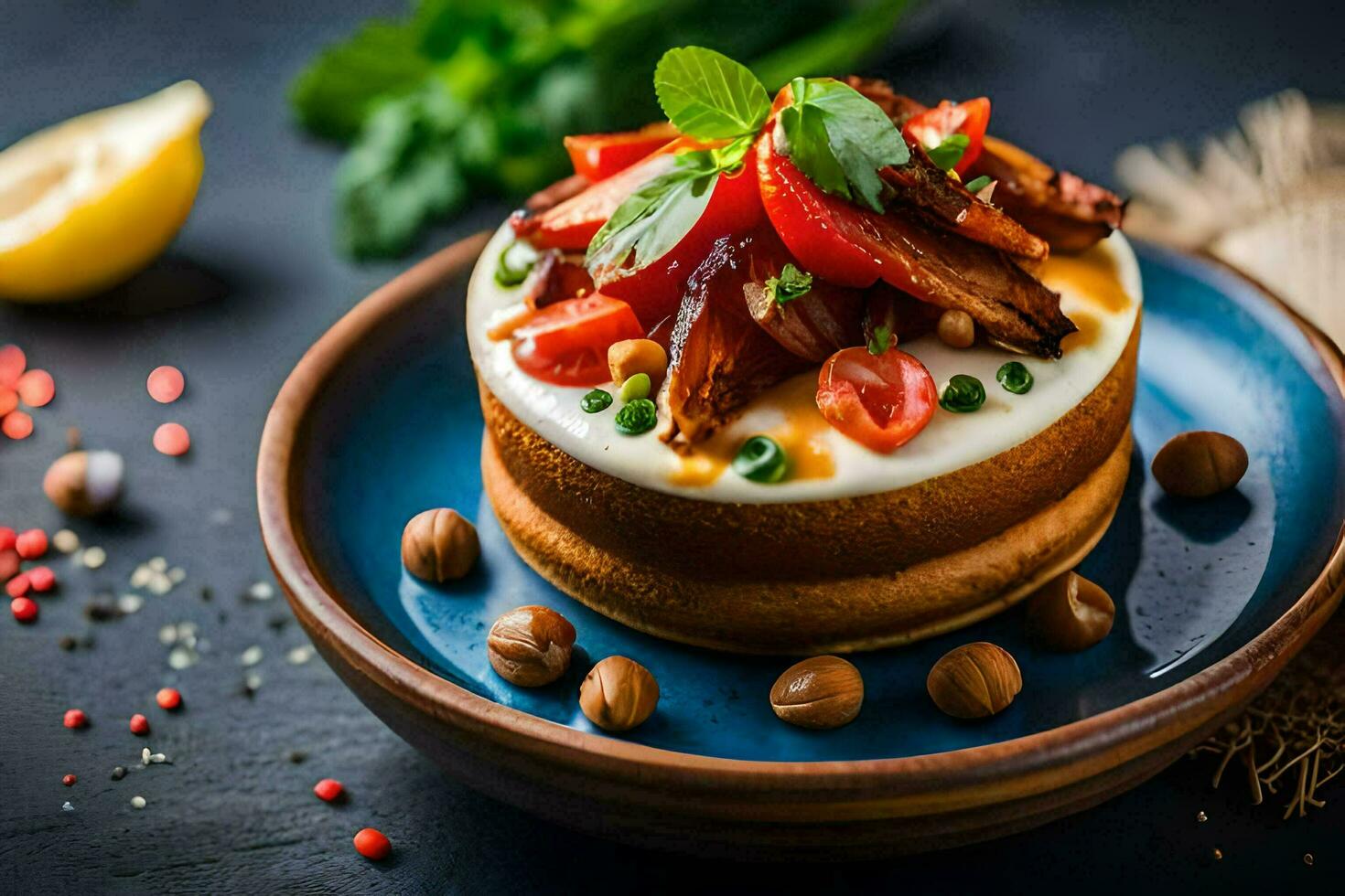 un' torta con pomodori e formaggio su esso. ai-generato foto