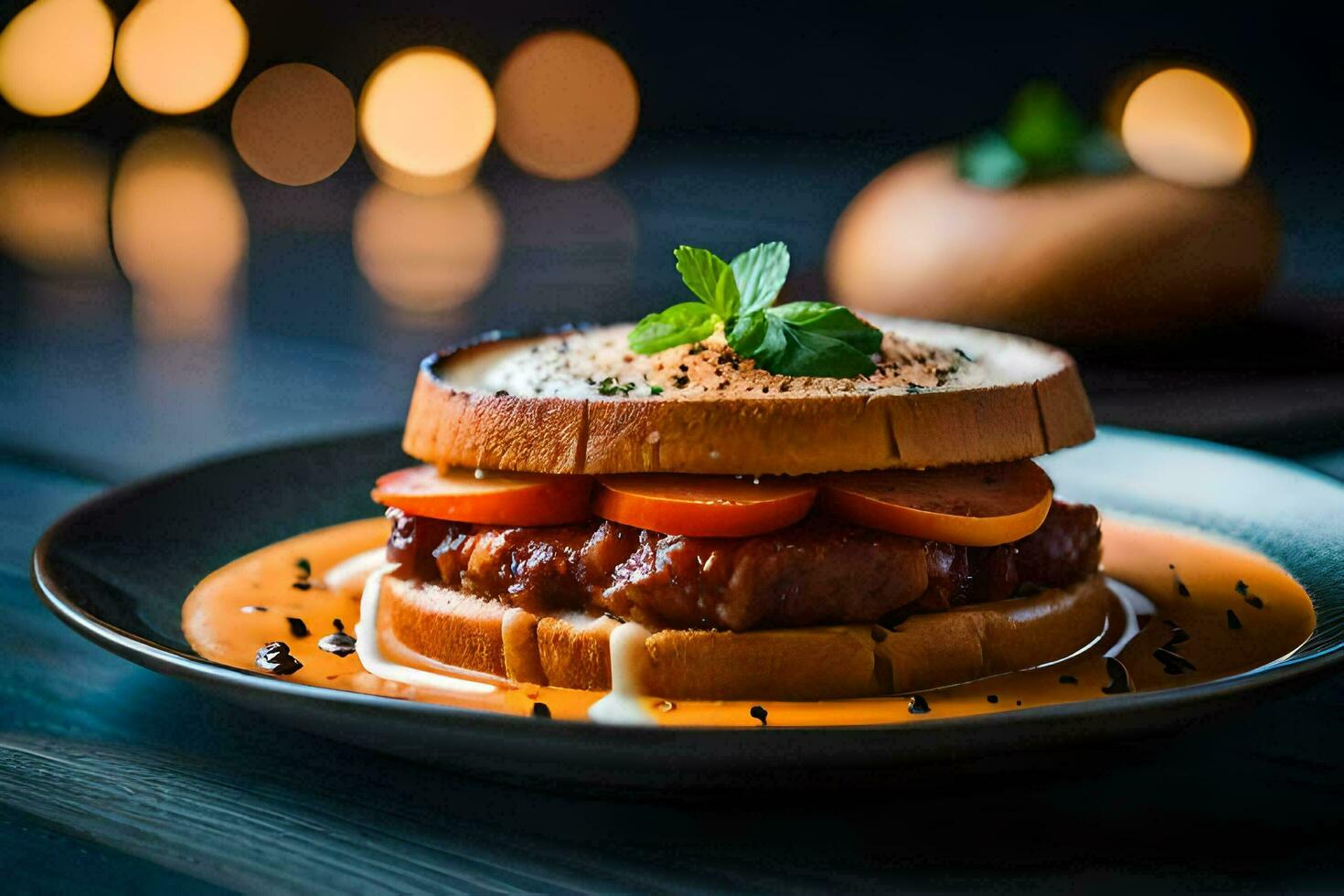 un' Sandwich con carne e pomodori su un' piatto. ai-generato foto