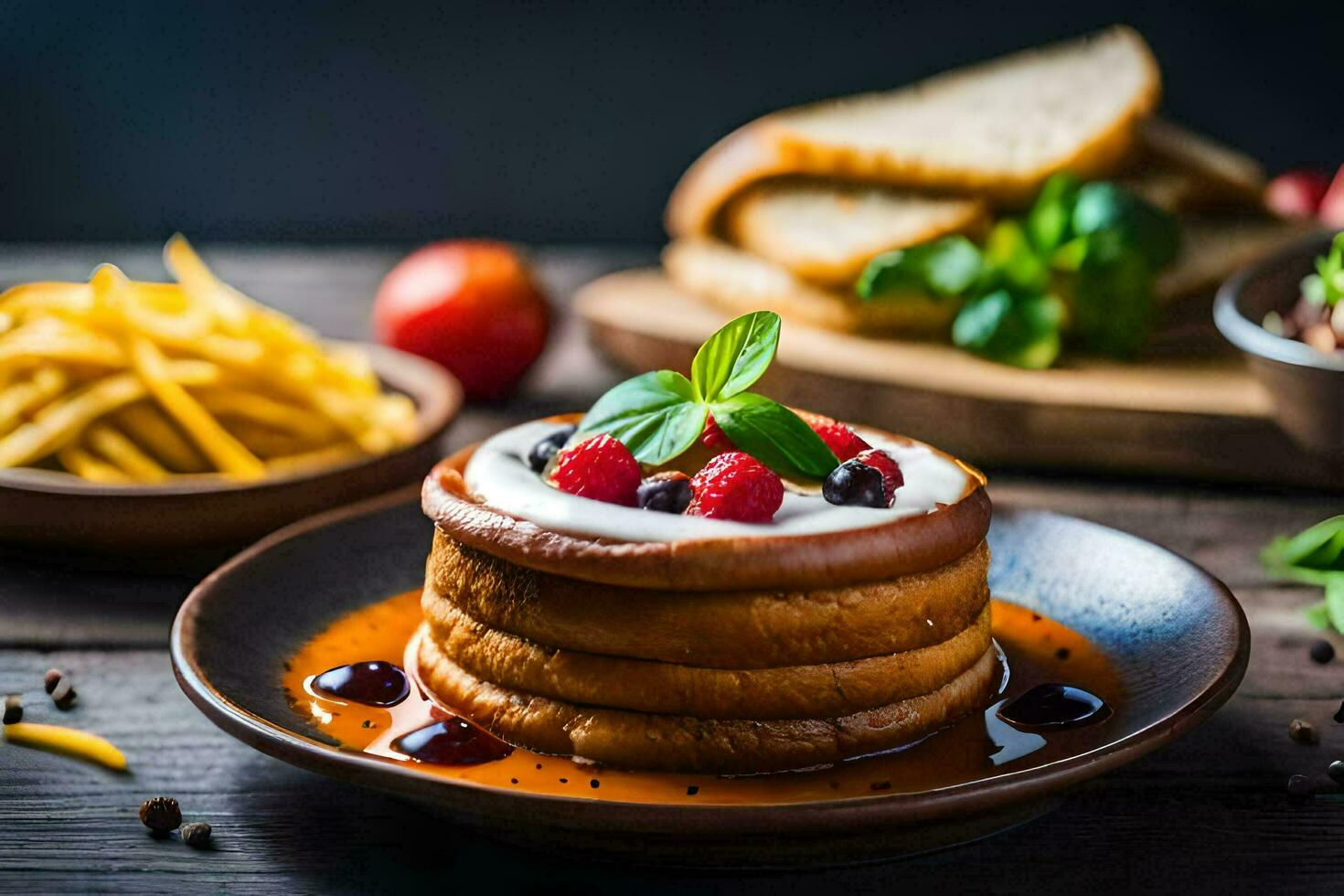 un' pila di Pancakes con frutti di bosco e formaggio su superiore. ai-generato foto