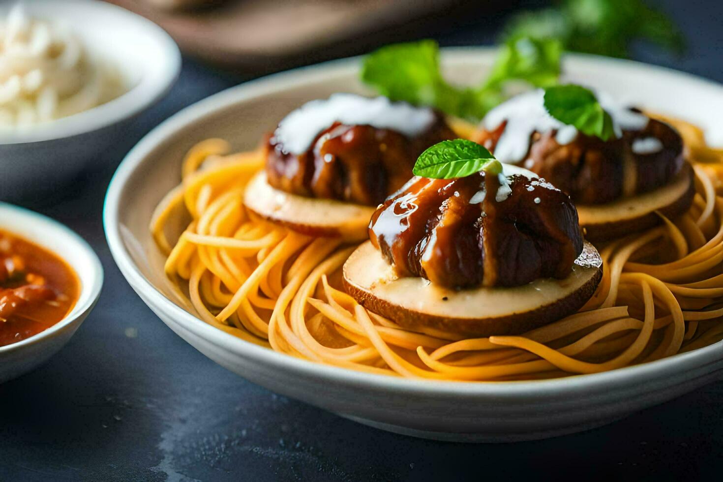 spaghetti con Polpette nel un' ciotola. ai-generato foto