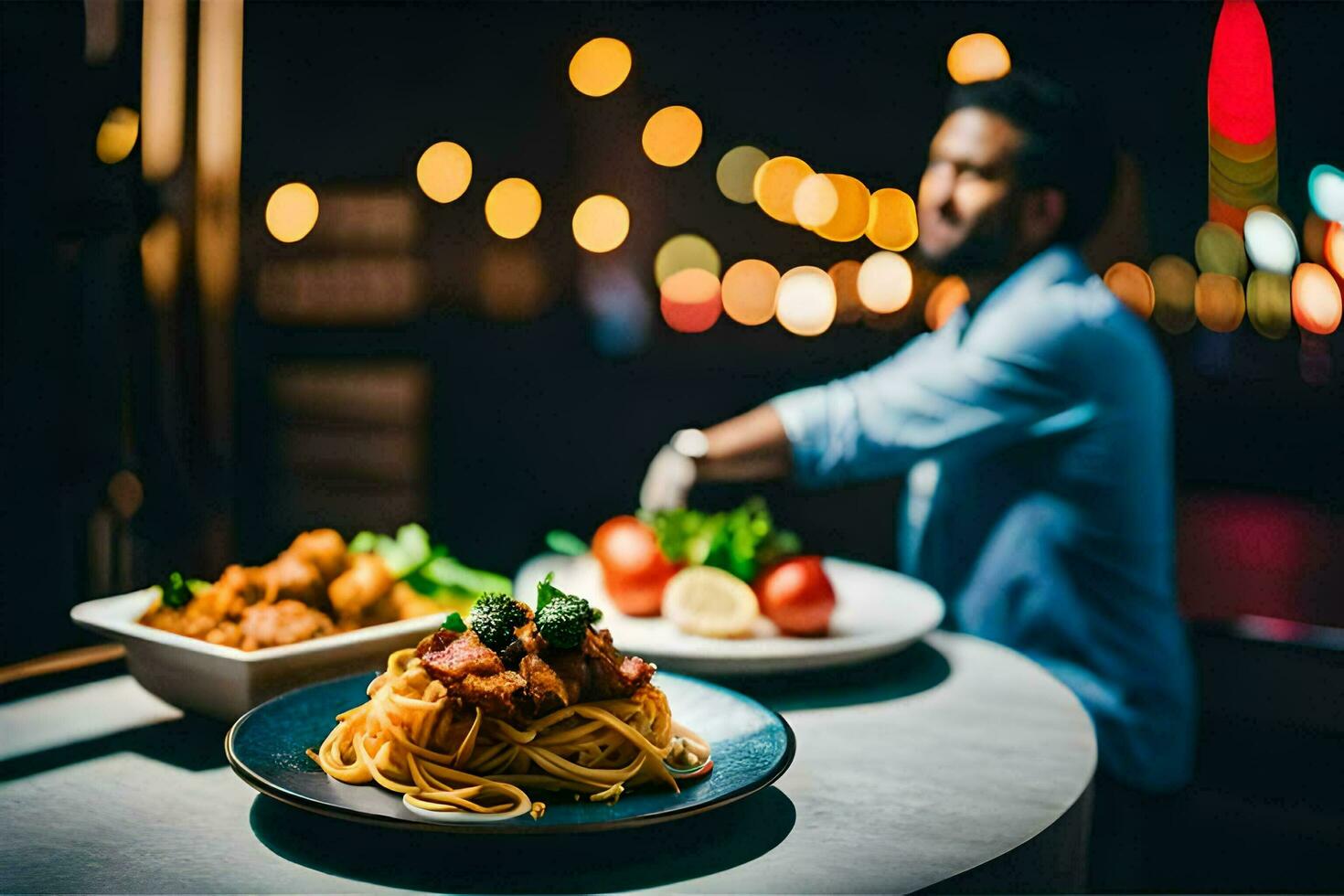 un' uomo è preparazione cibo su un' tavolo. ai-generato foto