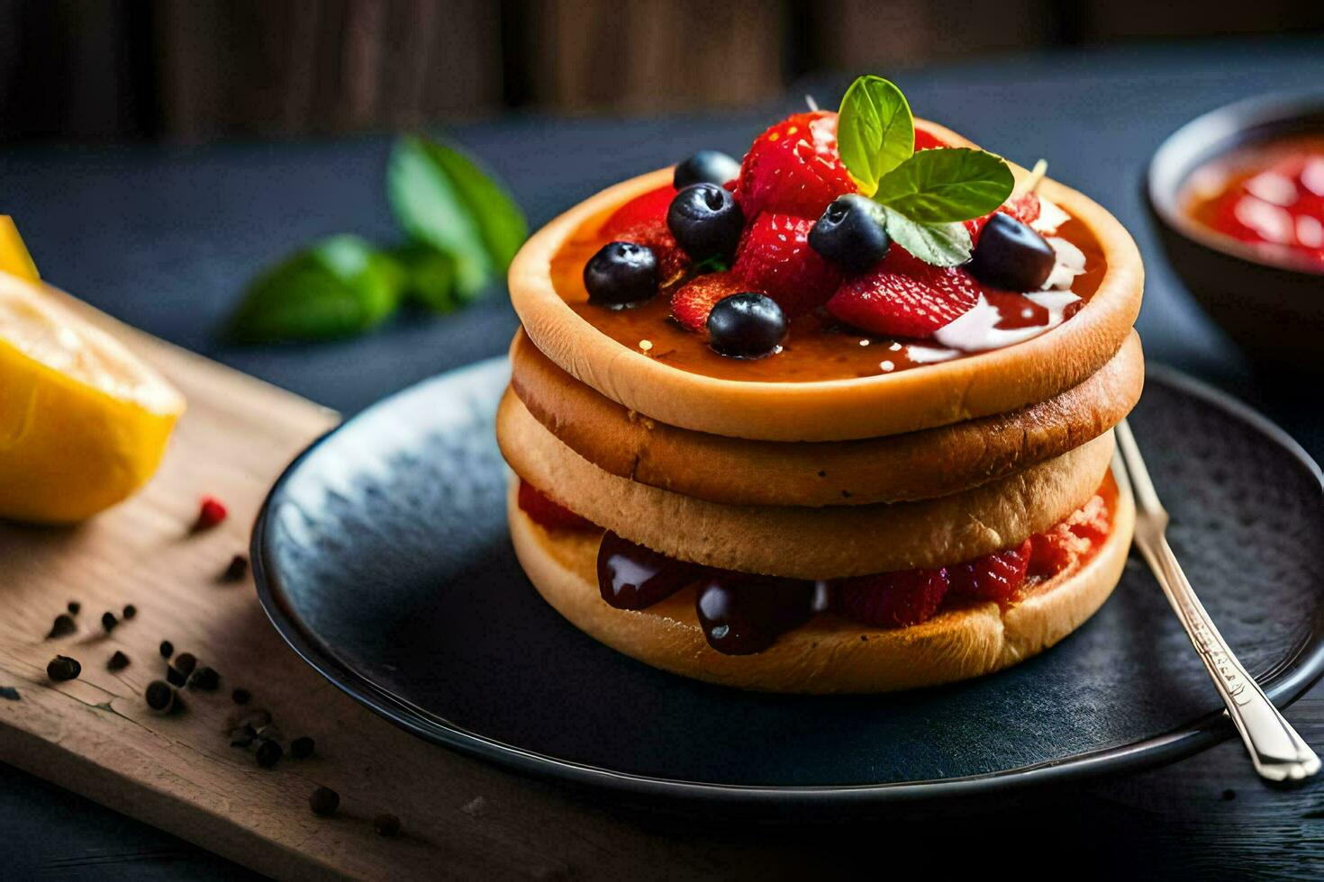 pila di Pancakes con frutti di bosco e sciroppo su un' nero piatto. ai-generato foto