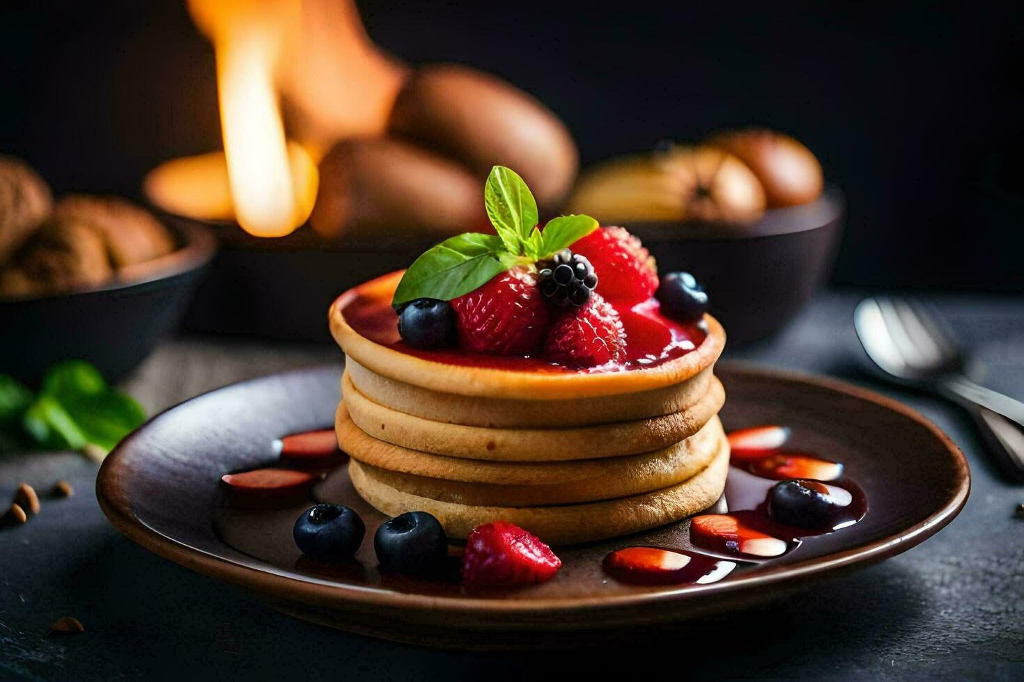 Pancakes con frutti di bosco e sciroppo su un' piatto. ai-generato foto