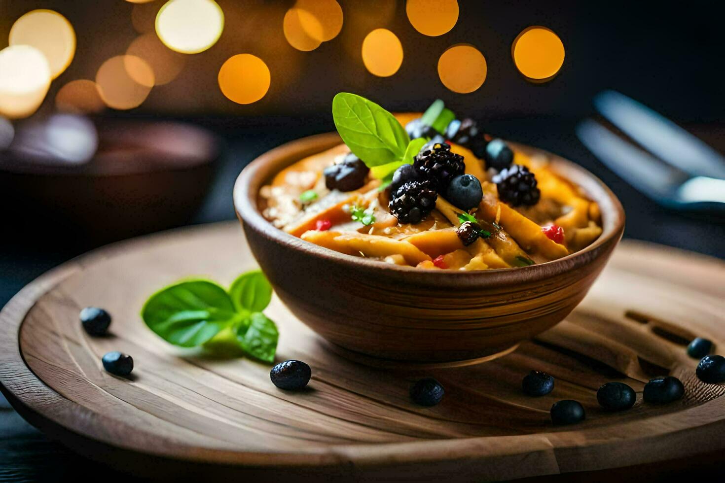 pasta con more e mirtilli nel un' di legno ciotola. ai-generato foto