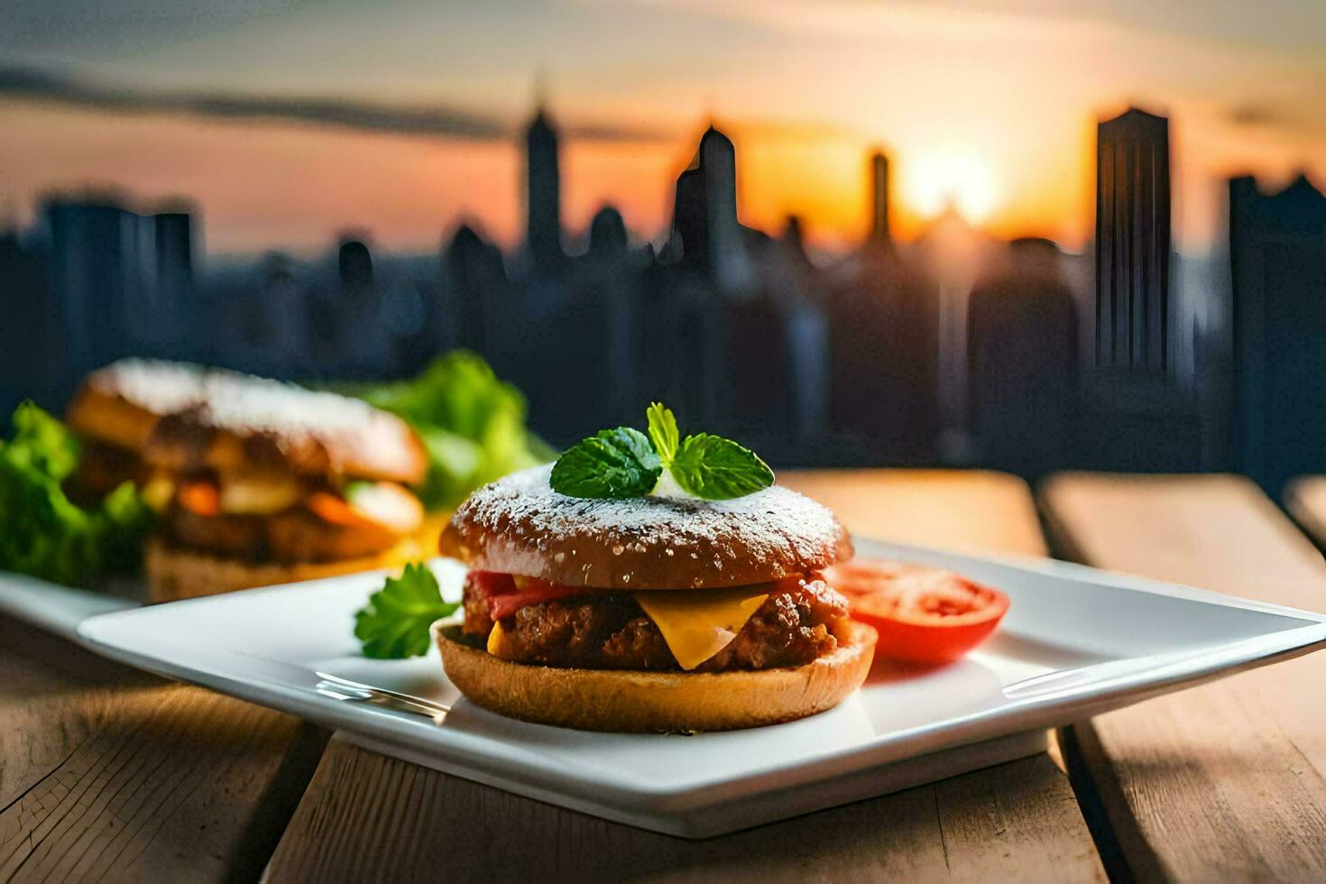 Due hamburger su bianca piatti con un' paesaggio urbano nel il sfondo. ai-generato foto
