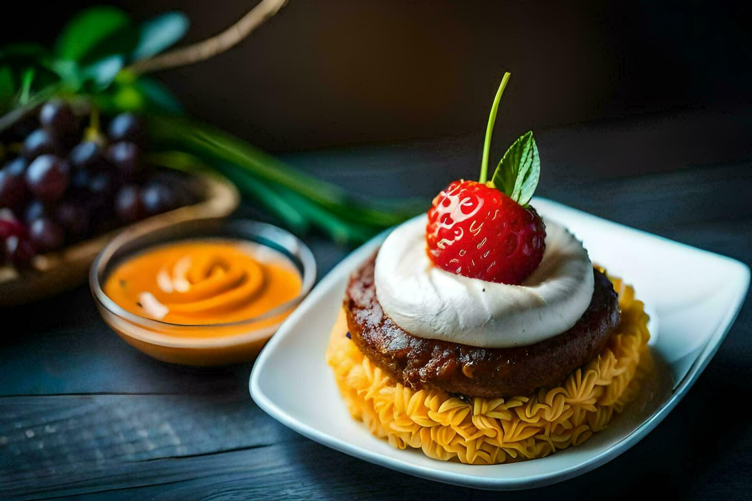 un' fragola su superiore di un' torta con crema. ai-generato foto