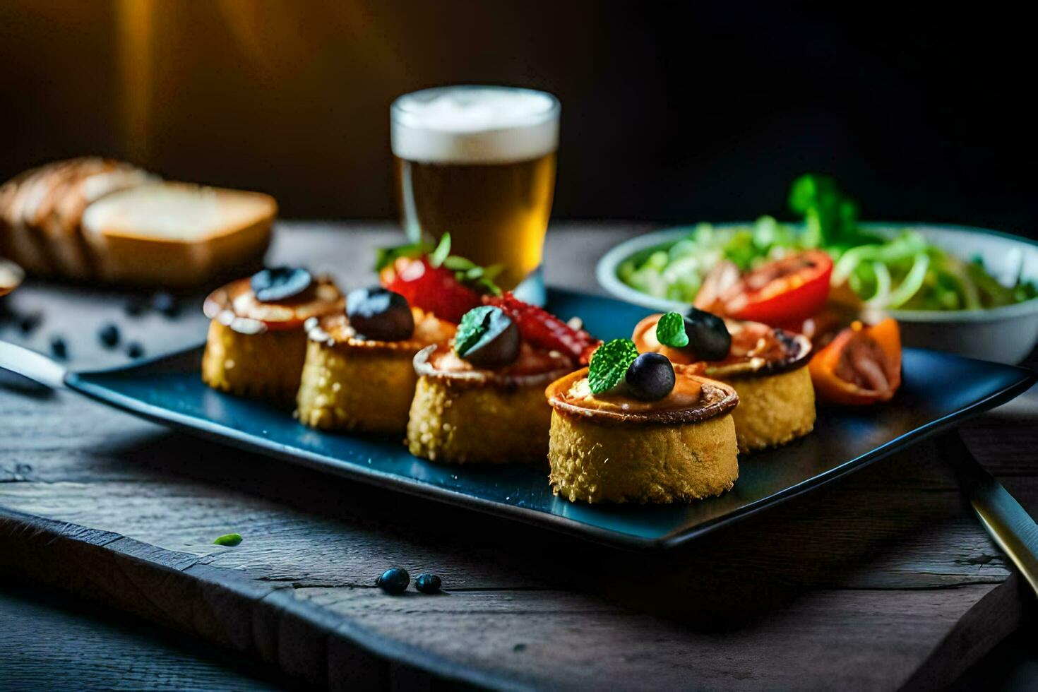 cibo su un' piatto con pane e birra. ai-generato foto