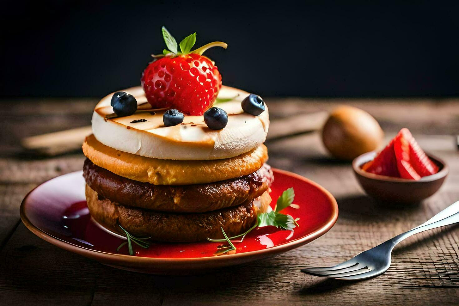 pila di Pancakes con frutti di bosco e crema su un' piatto. ai-generato foto