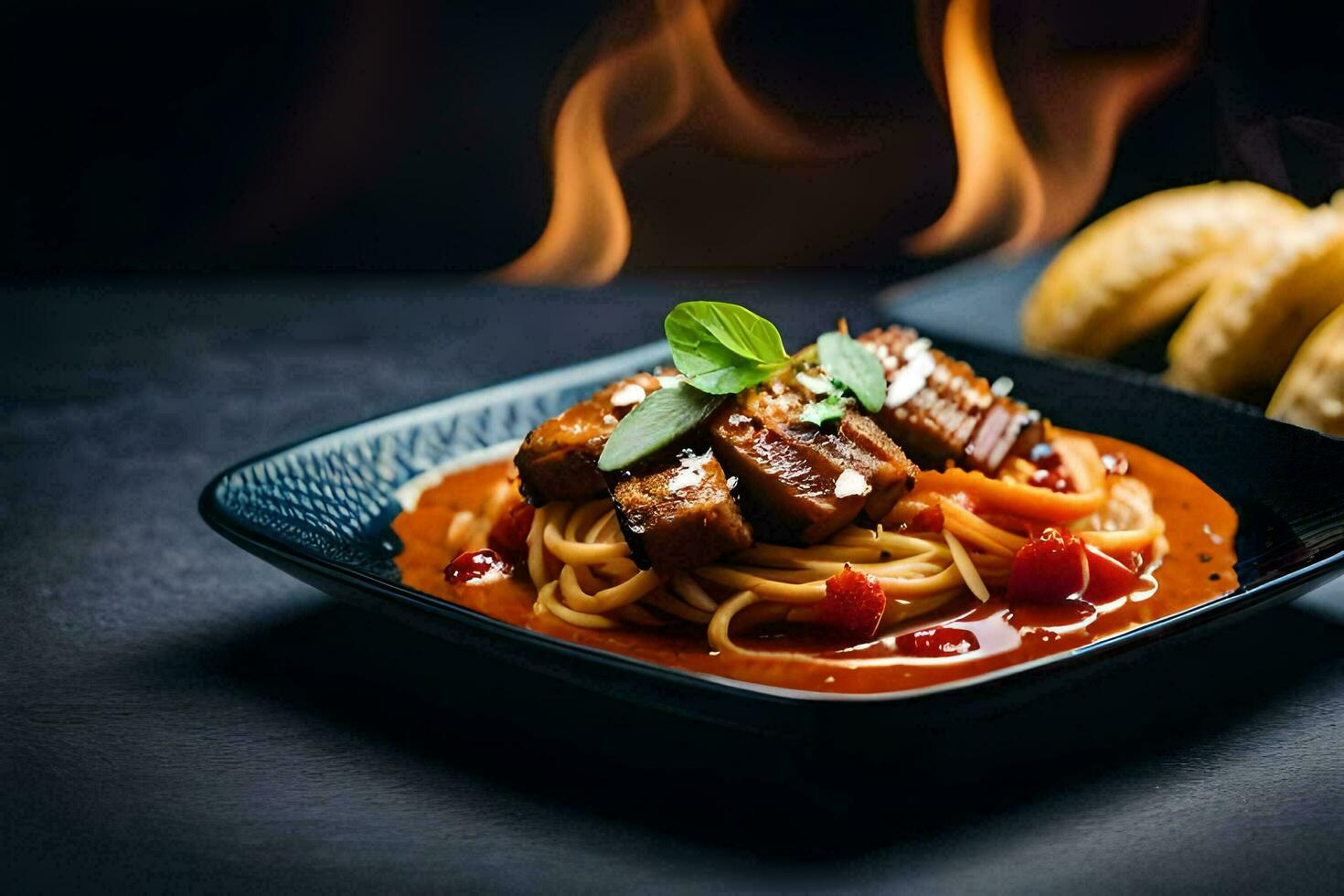 un' piatto di spaghetti con carne e salsa su un' nero sfondo. ai-generato foto