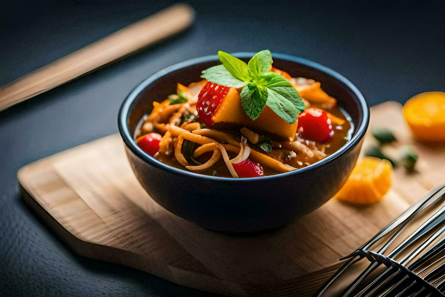 un' ciotola di tagliatelle con verdure e un' cucchiaio. ai-generato foto