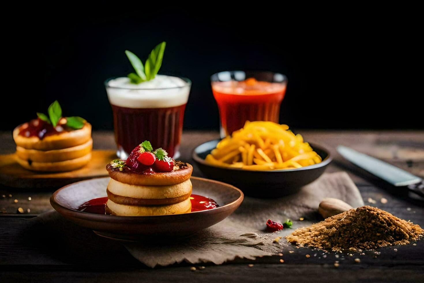 Pancakes con frutta e sciroppo su un' di legno tavolo. ai-generato foto