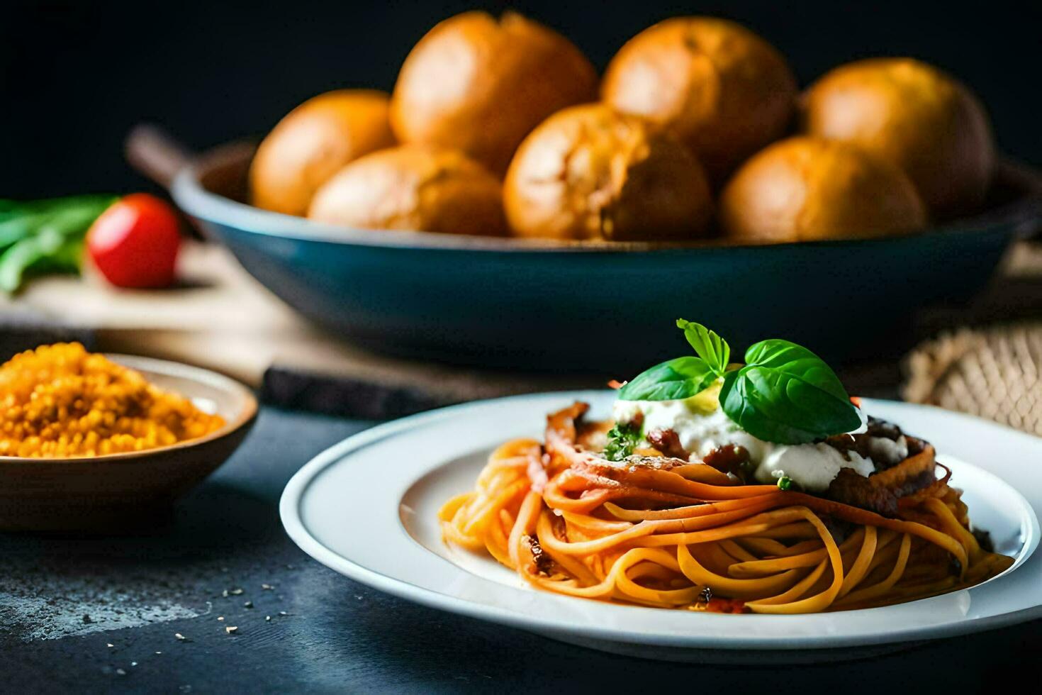 spaghetti con Polpette e salsa su un' piatto. ai-generato foto