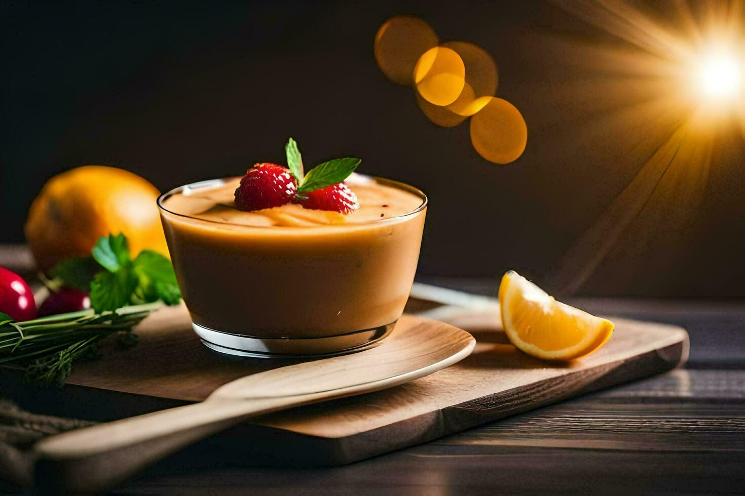 un' dolce con un' bicchiere di arancia succo e un' fetta di Limone. ai-generato foto