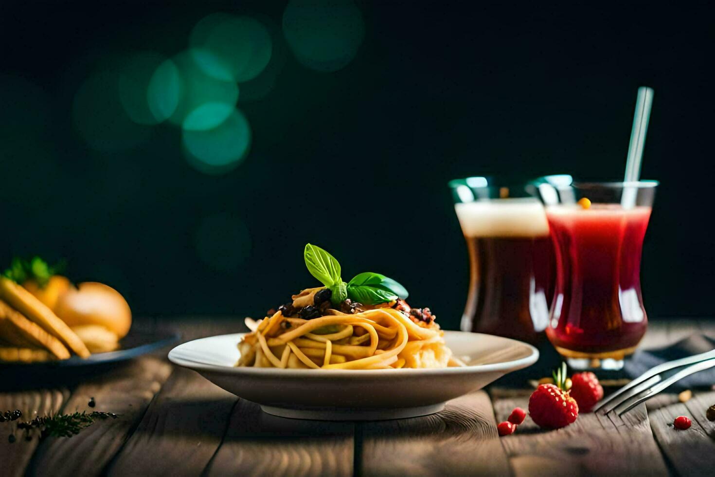 spaghetti con pomodoro salsa e pane su un' di legno tavolo. ai-generato foto