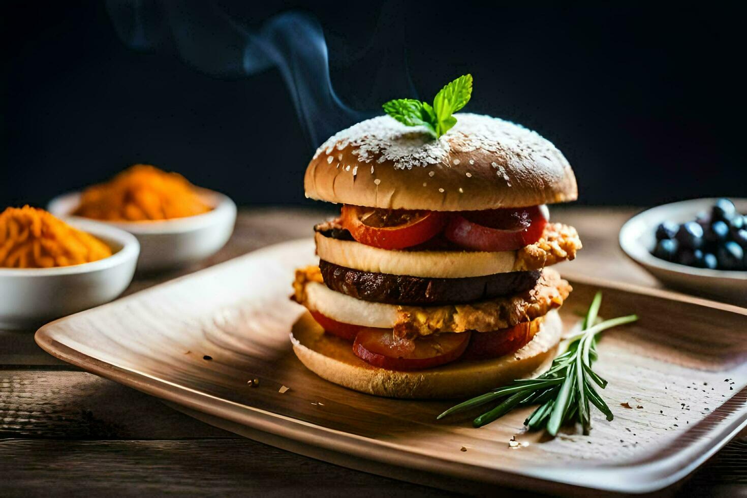 un' hamburger con verdure e spezie su un' di legno piatto. ai-generato foto