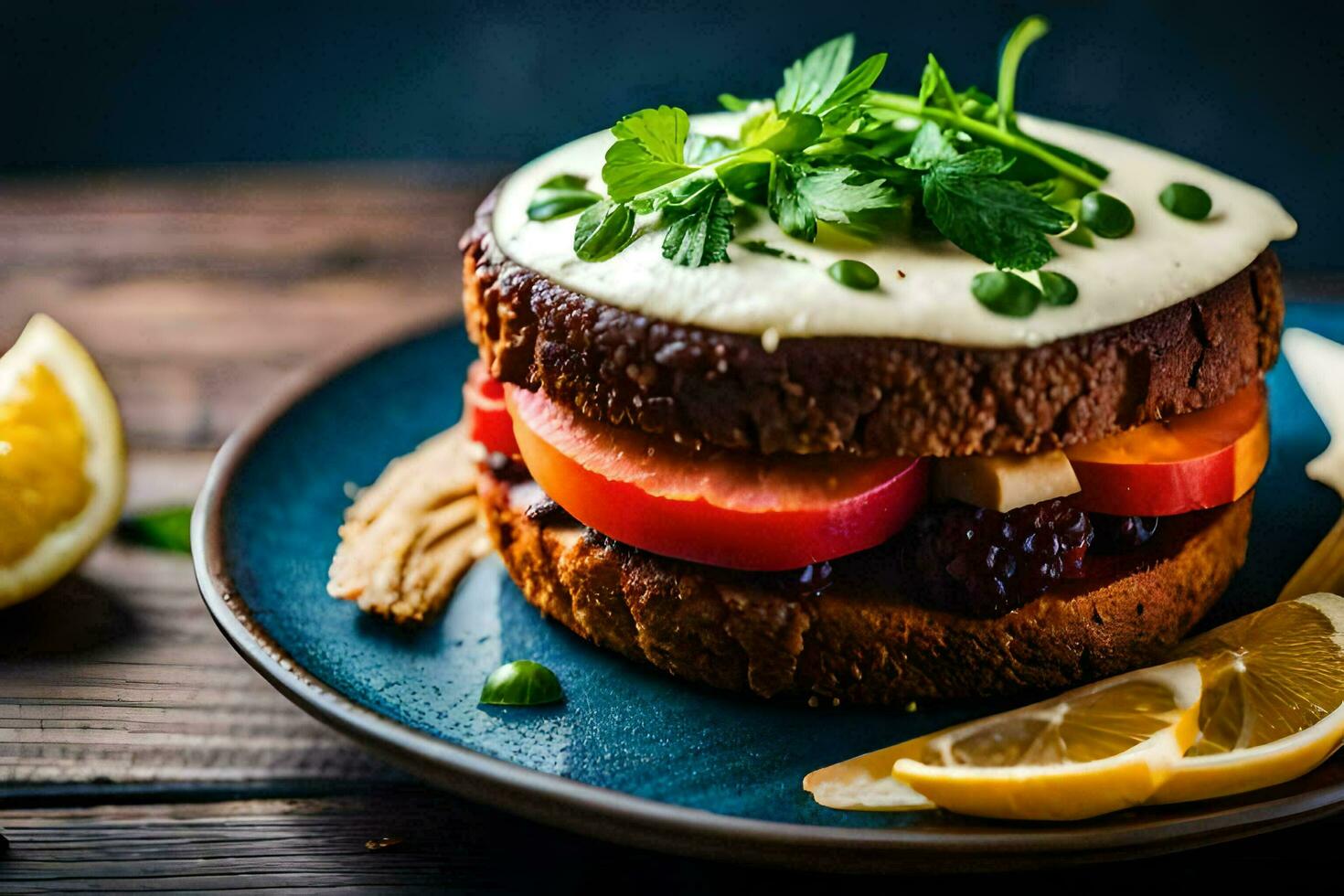 un' Sandwich con verdure e formaggio su un' piatto. ai-generato foto