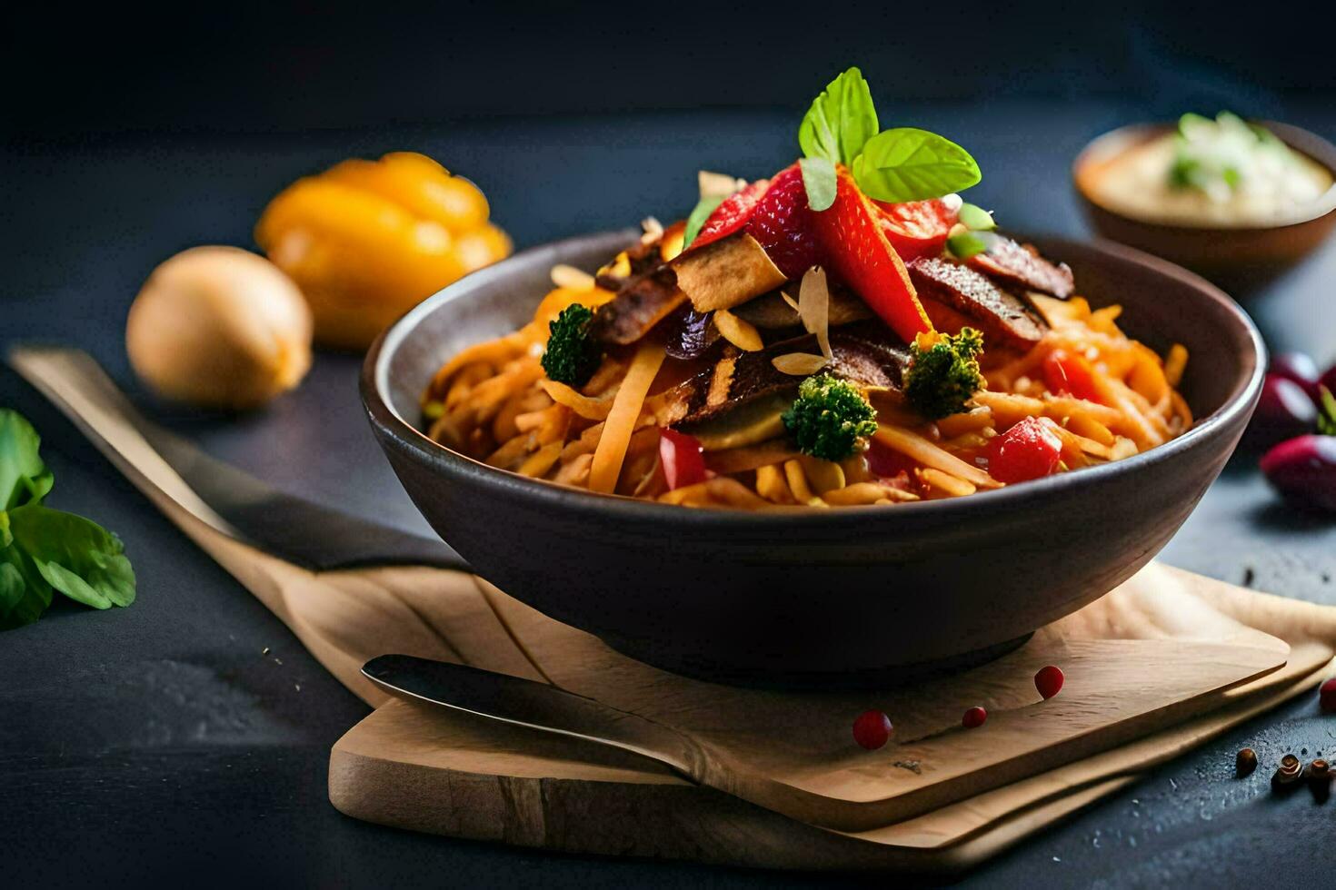 un' ciotola di pasta con verdure e erbe aromatiche. ai-generato foto