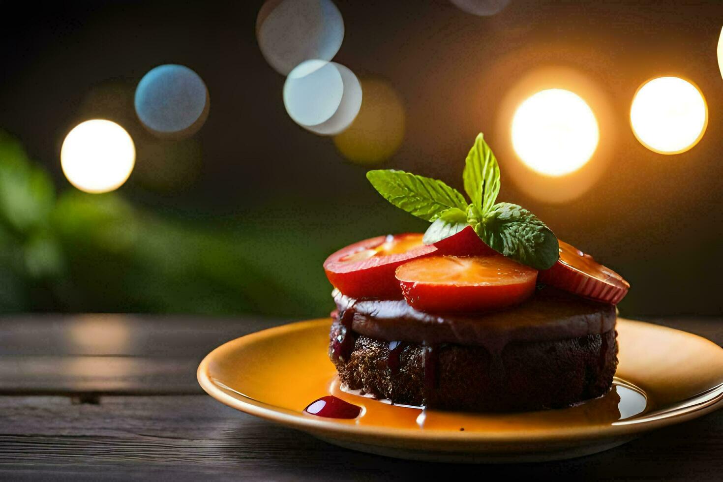 un' dolce con fragole e cioccolato su un' piatto. ai-generato foto