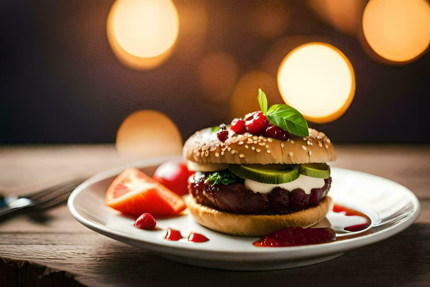 un' Hamburger con frutti di bosco e formaggio su un' piatto. ai-generato foto