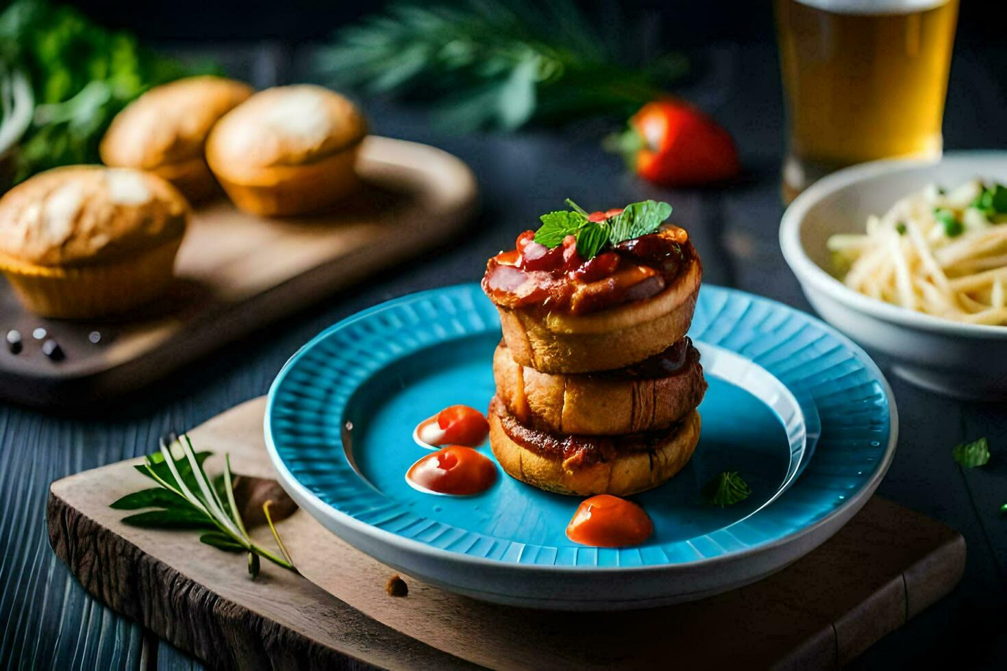 un' piatto con un' pila di mini di pizza e un' bicchiere di birra. ai-generato foto