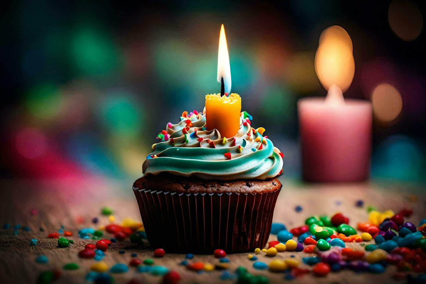 un' Cupcake con un' candela su un' tavolo. ai-generato foto