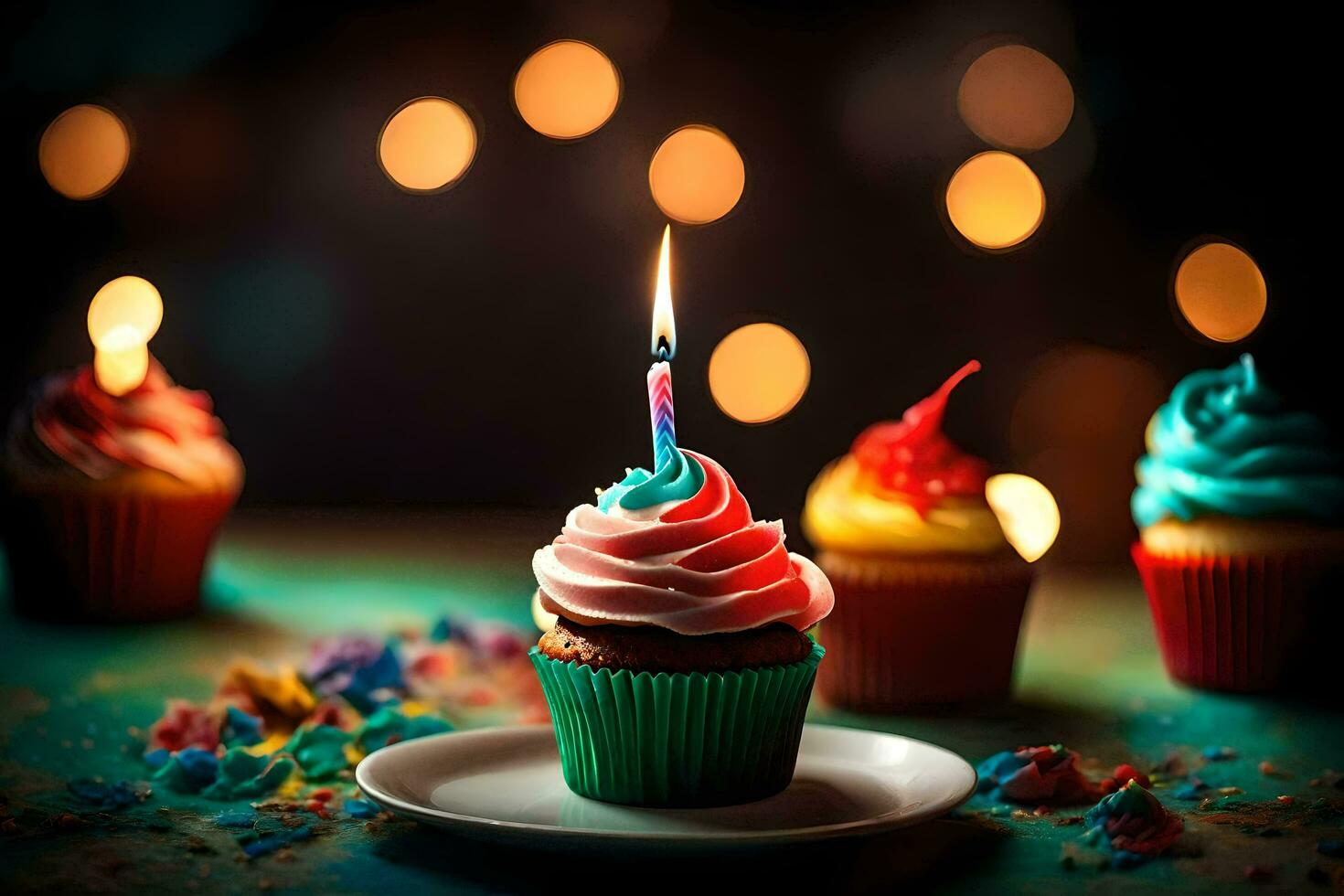 compleanno Cupcake con un' illuminato candela. ai-generato foto