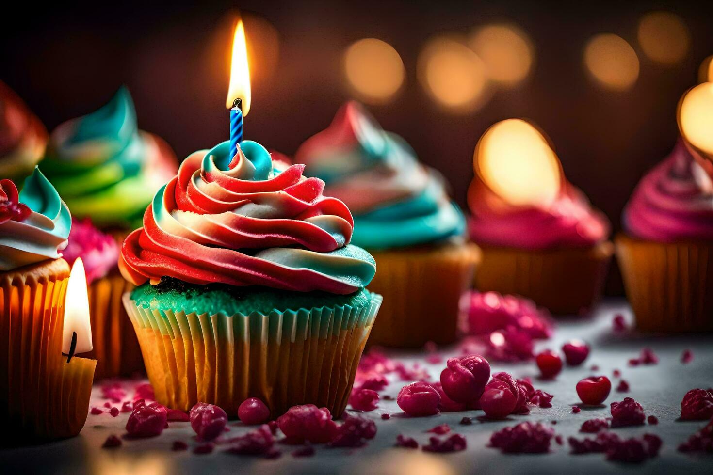 un' compleanno candela è illuminato su un' cupcake. ai-generato foto