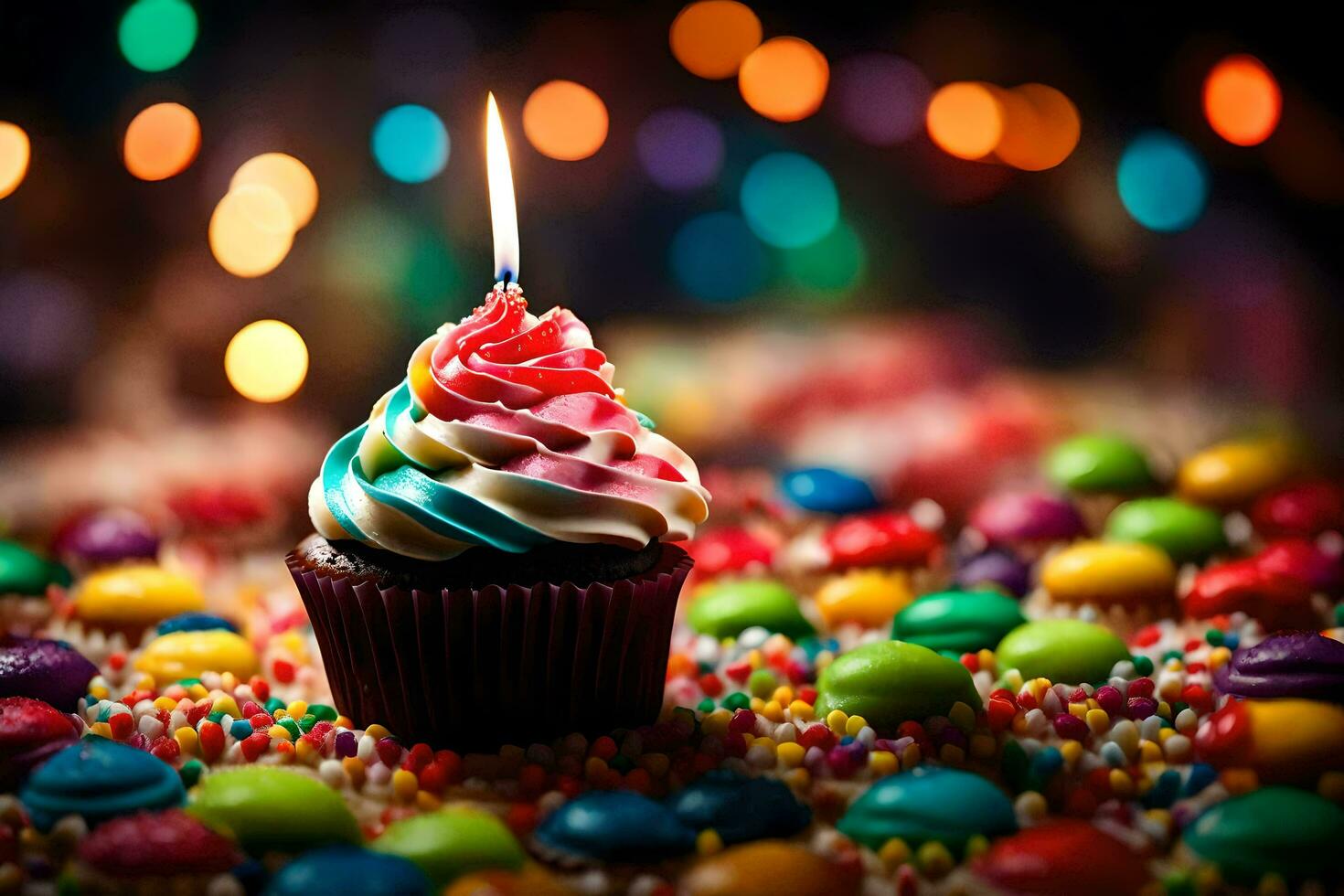 un' Cupcake con un' illuminato candela su superiore di un' colorato sfondo. ai-generato foto