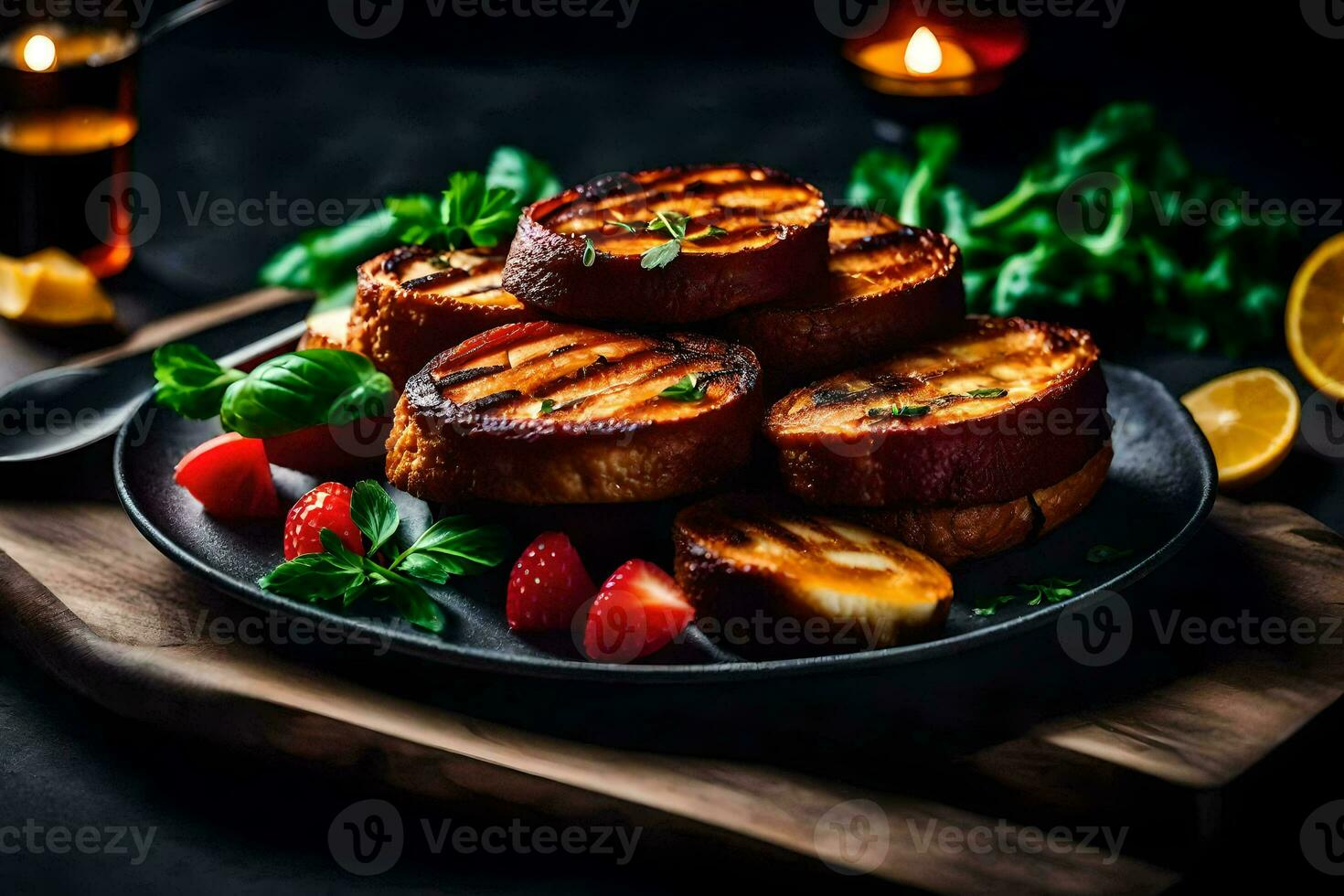 grigliato formaggio Sandwich su un' piatto con fragole e basilico. ai-generato foto