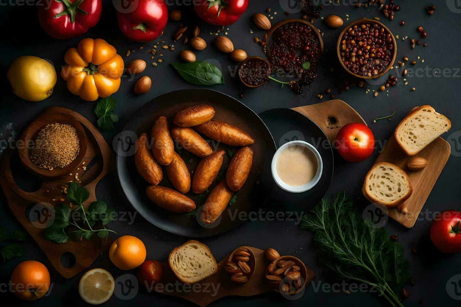 un' varietà di Alimenti Compreso pane, verdure e spezie. ai-generato foto